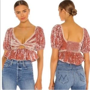 Free People Yours Truly Crushed Velvet Peplum Puff Sleeve Cropped Top NEW
